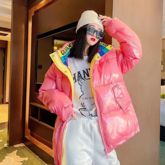 Glossy Disposable Down Jacket Women's Short Stand-up Collar Winter Korean Loose White Duck Down White Letter Coat