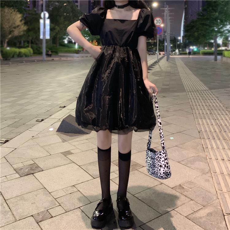 Woman Square Collar Puff Short Sleeves Black and White Fairy Skirt Lace Yarn Tutu Skirt Dress Wedding Bra