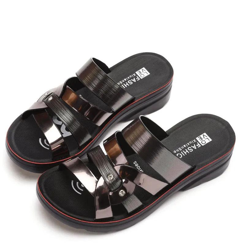 Women's Slippers Summer Hollow Wedge Heel Rhinestones Sandals Middle-aged Ladies Flat Bottom Non-slip Slippers Middle Heel Soft Sole Flip Flops