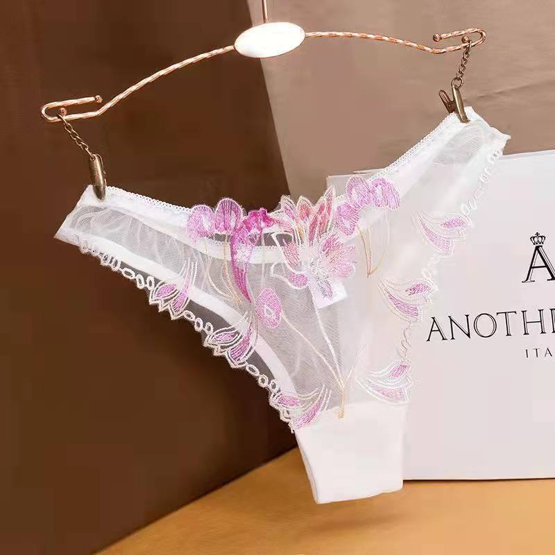 Mesh Ladies Thong Transparent Low Waist Panties Women Embroidered T Pants Cotton File