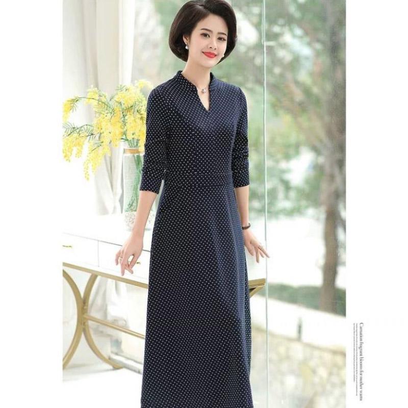 Middle-aged Elderly Women's Dresses Spring Summer Waist Long Dress Retro Printing Mid-length Plus Size Women's Clothing