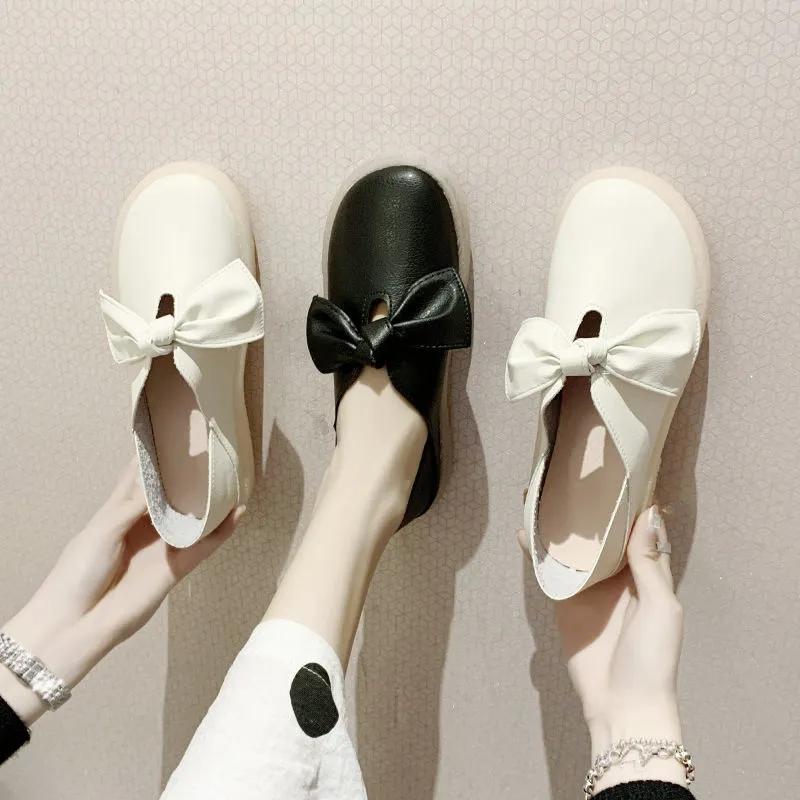 Women's Two Ways To Wear Small White Shoes Spring Shallow Ladies Shoes Flat Bow Soft Bottom Home Comfortable Mother Shoes Slip-on Student Casual Shoes