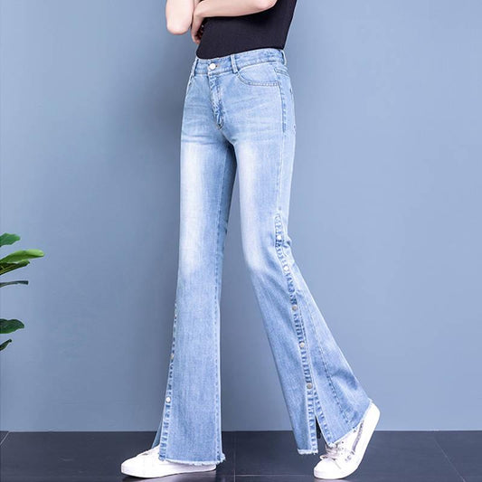 Elastic Women Plus Loose Denim Pocket Button Casual Boot Cut Pant Jeans Casual Occasion Denim