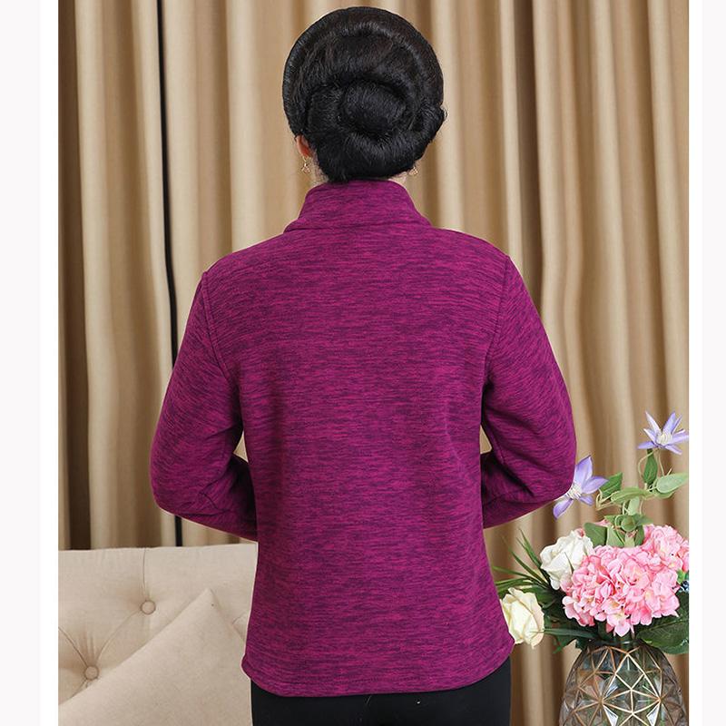 Middle-aged Elderly Women's Polar Fleece Sports Jacket Spring and Autumn Stand Collar Loose Outdoor Casual Sweatshirt Fleece Solid Color Short Top