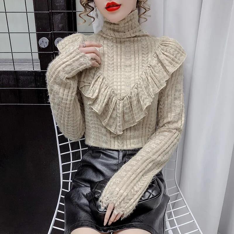 Brushed Lace Bottoming Shirt Women's Turtleneck Mesh Lace Top Slim Fit Slim Short Pullover