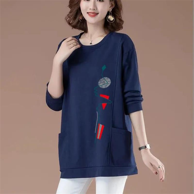 Spring Women Blouses Long Sleeve Print Element TShirts Casual Round Neck Ladies Tops Pullover
