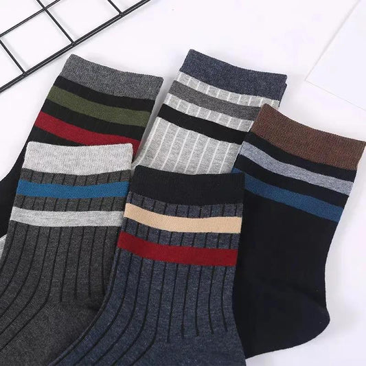 Men's Tube Socks Striped Business Cotton Socks Five Pairs of Sweat-absorbent and Breathable Stockings