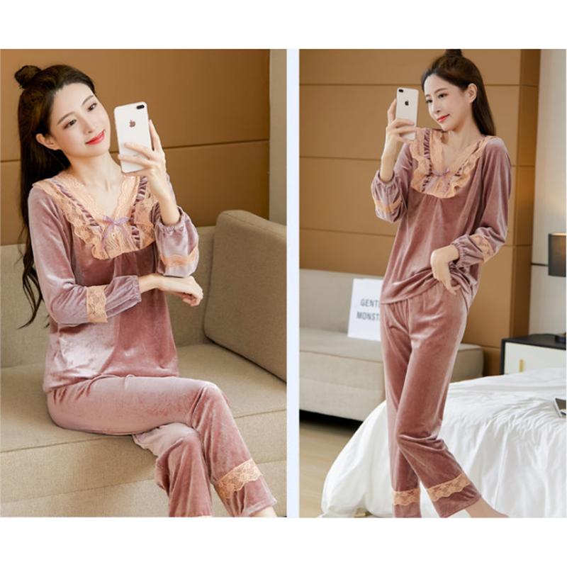 Women's Lace Bow Knot Gold Velvet Pajama Set V-Neck Solid Color Loose Comfortable Two-piece Set Out Wear Long Sleeves Nightgowns Sleeping Set