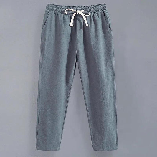 Men's Summer Linen Ninth Pants Loose Straight Casual Trousers Thin Cotton Linen Pants Youth Sweatpants Adjustable Elastic Waist Pants