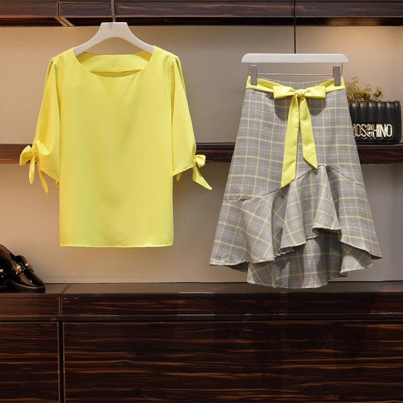 Women Summer Elegant Short Sleeve Skirt Suit Round Neck Vintage Two-piece Set Slim Holiday Skirt Set