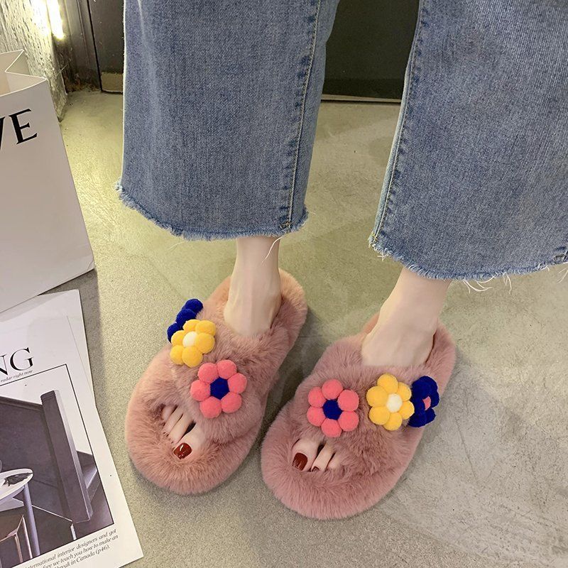 Hairy Slippers Women Winter Warm Comfortable and Cute All-match Flower Cotton Slippers Home Slip-resistant Women's Cotton Slippers