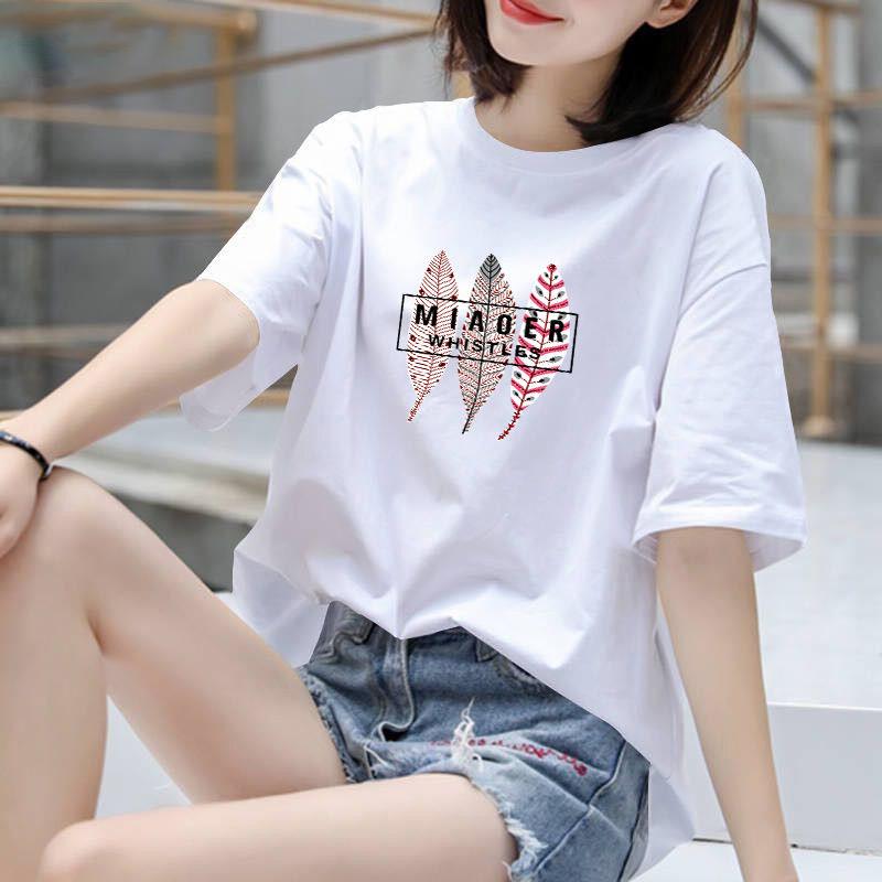 Cotton One-piece Short-sleeved T-shirt Women Loose Casual Tops White Printed T-shirt Round Neck Short-sleeved Loose Casual
