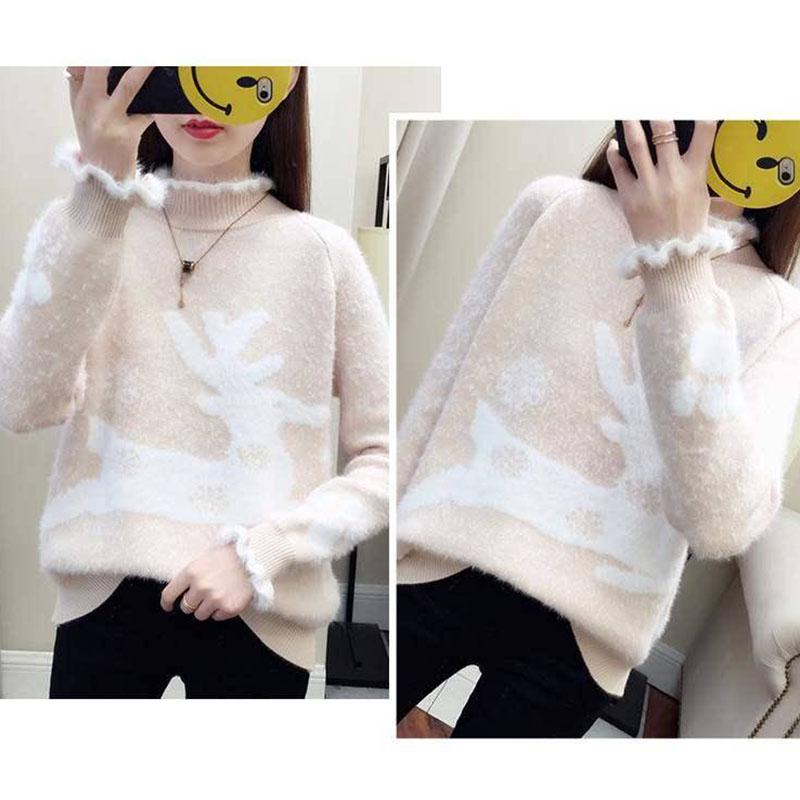 Pofulove Women's Fluted Collar Turtleneck Snowflake Fawn Jacquard Sweater Long Sleeve Knit Pullover