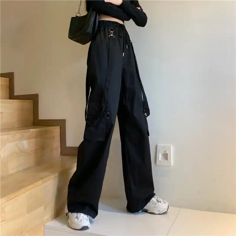 Korean Version of The Ins Tide Loose Straight High Waist Thin Black Handsome Overalls Female BF Strappy Casual Pants