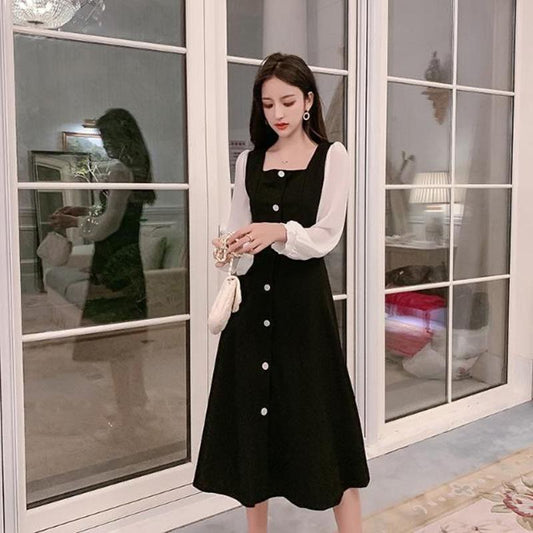 Ladies' Retro Temperament, Small Incense Wind Receiving Waist Thin Mid-length Dress Female Black and White Stitching Long Sleeve Dress