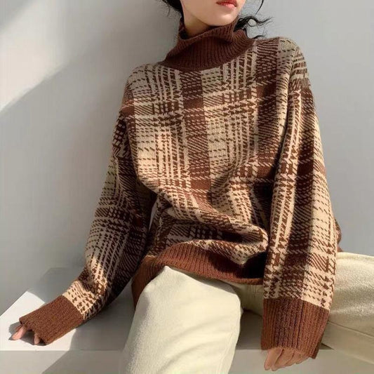 Autumn Winter Women Fashion Sweater Casual Knitting Plaid Sweater Round Neck Pullovers Loose Casual Long Sleeve Sweater