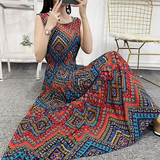 Bohemia Summer Ethnic Print Dress Round Neck Sleeveless Loose High Waist Cotton Silk Vest Beach Skirt