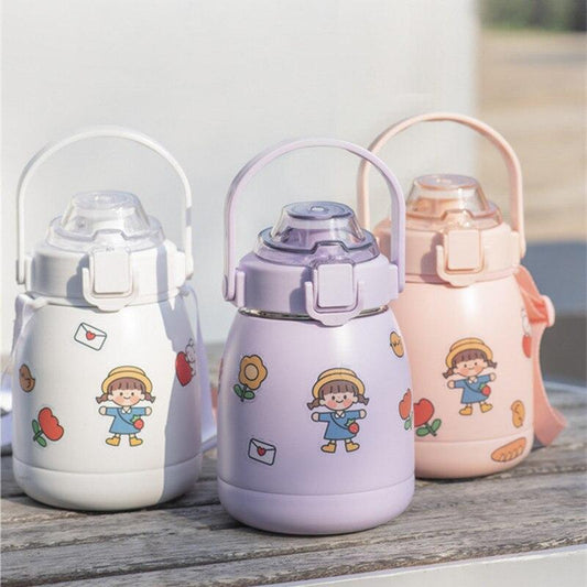 316 Stainless Steel Vacuum Flask Outdoor Water Bottle Cute Kids Tumbler with Straw Straps Handles Portable Thermos Cup for Girls