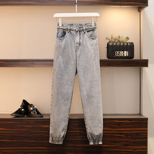 Spring Women Half-sleeve Asymmetrical Blouse Denim Jeans Plus Size Pants Set