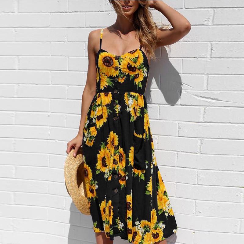 Pofulove Vintage Casual Sundress Female Beach Dress Midi Button Backless Polka Dot Striped Women Dress Summer Boho Sexy Floral Dress