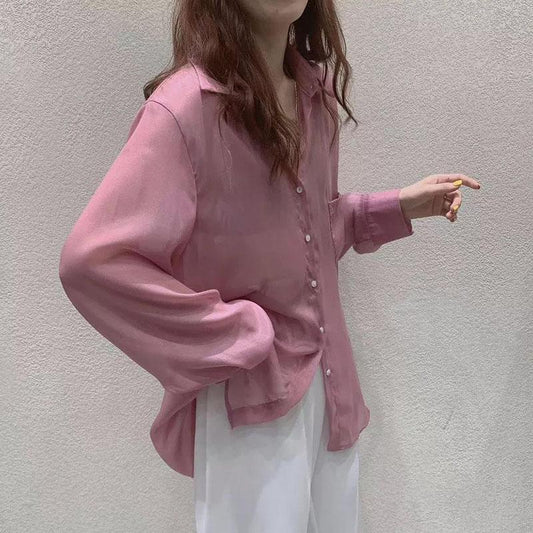 Sunscreen Shirt Chiffon Female Summer Long Sleeve Loose Ice Silk Cardigan Tide Turn-down Collar Button Up Shirt
