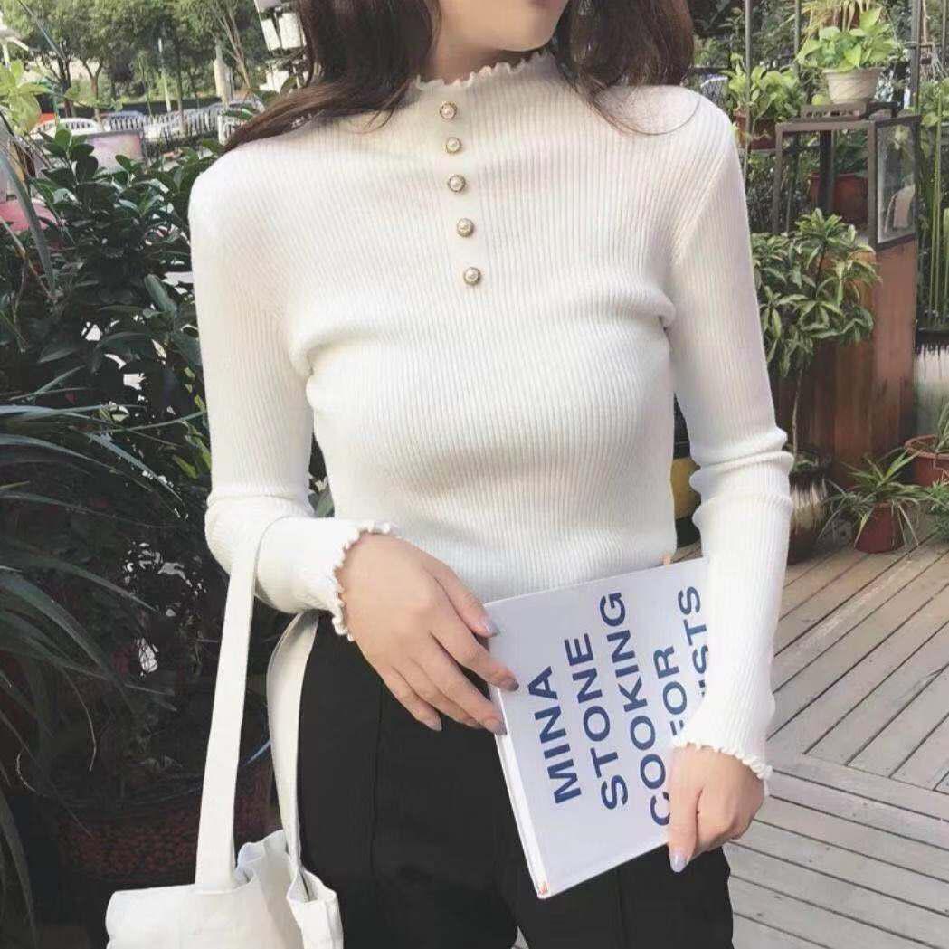 Pofulove Fungus Half Turtleneck Sweater Women's Beaded Bottoming Shirt Pullover Sweater Women's Slim