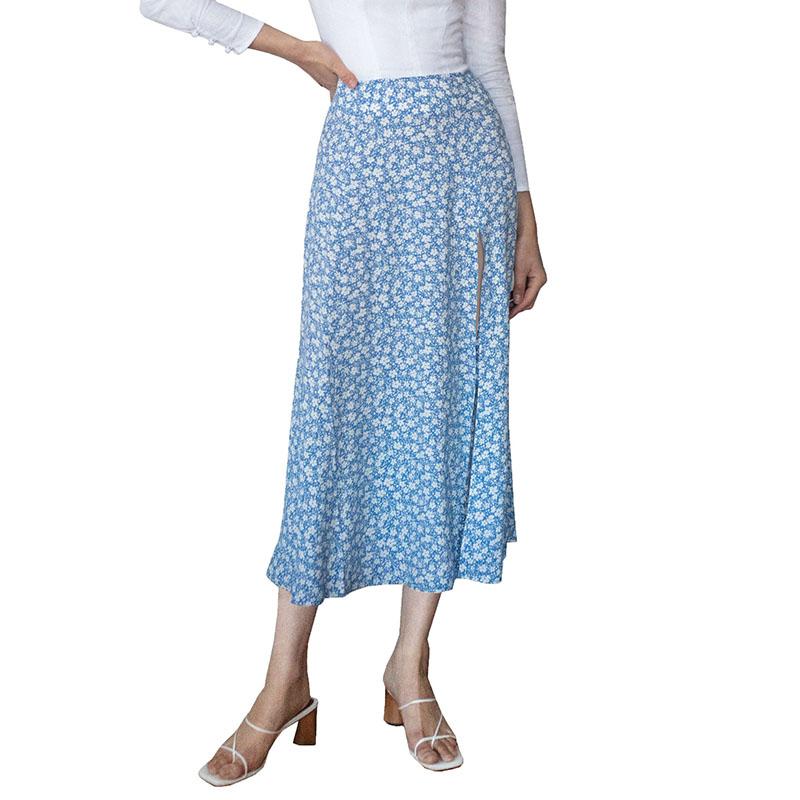 Skirts Women Summer Floral Print High Waist Stretch Slit Long A-Line Skirt Female Side Split Dating Skirts