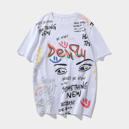2021 Spring Men's Fashion Hand-painted Graffiti Printing Men's Loose Round Neck Short-sleeved T-shirt