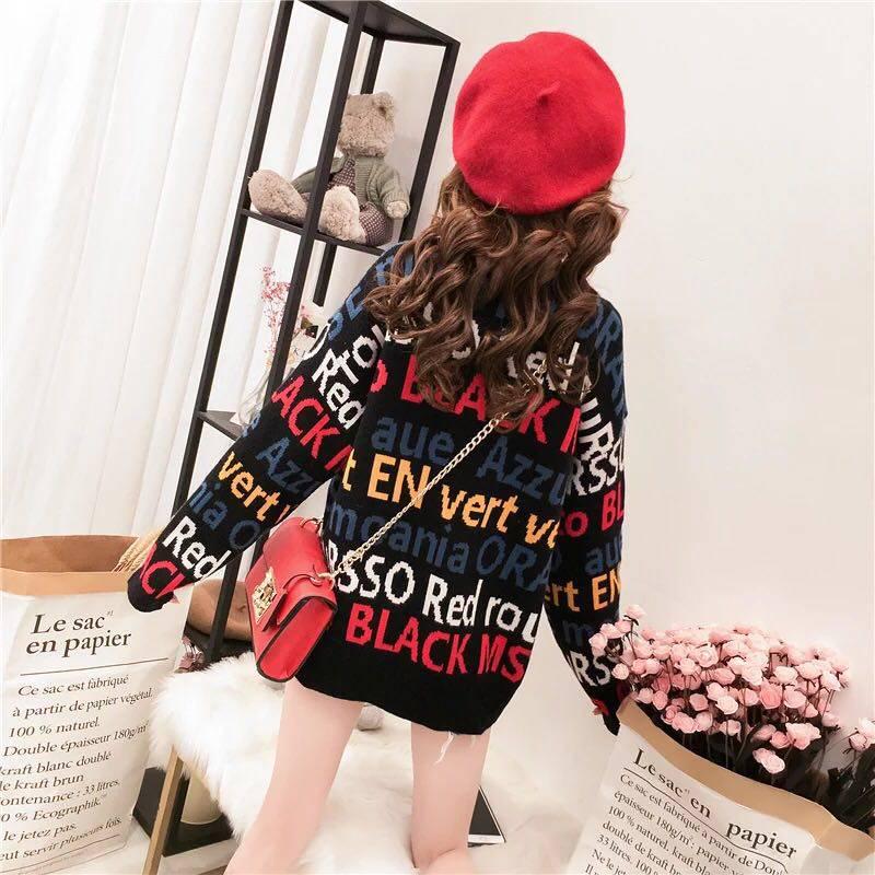 Chic Lady Letter Knitwear Crew Neck Loose Knitting Pullover Hit Color Jumper Sweater Top