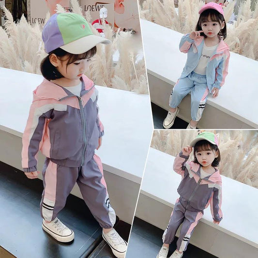 Boys and Girls Spring and Autumn Hooded Stitching Suit Two-piece Outdoor Sports Suit Korean Casual Sets