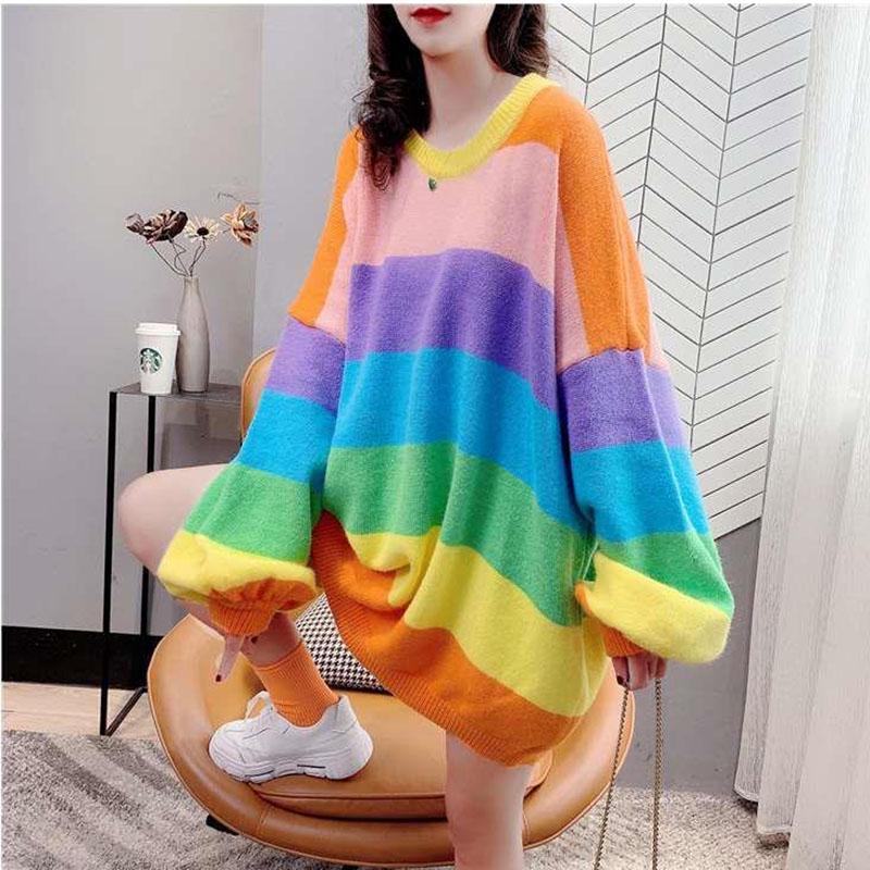 Girl Student Loose Jacket Round Neck Pullover Simple Sweater Rainbow Stripe Long Sleeve Fashion Top