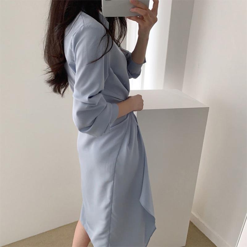 Irregular Design Shirt Dress Female Spring and Autumn Mid-length Temperament Waist Slim Slimming Dress