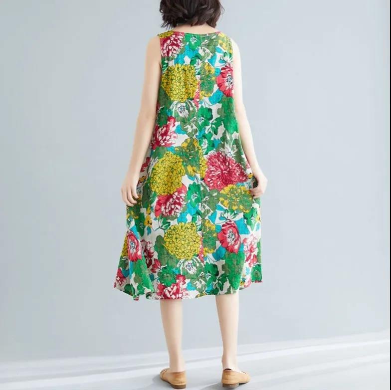 Women's Skirt Printed Sleeveless Round Neck Dress Summer Loose Mid Length Dress