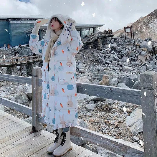 Cute Rabbit Ears Down Padded Jacket Women's Mid-length Thick Fishtail Padded Jacket Korean Style Loose