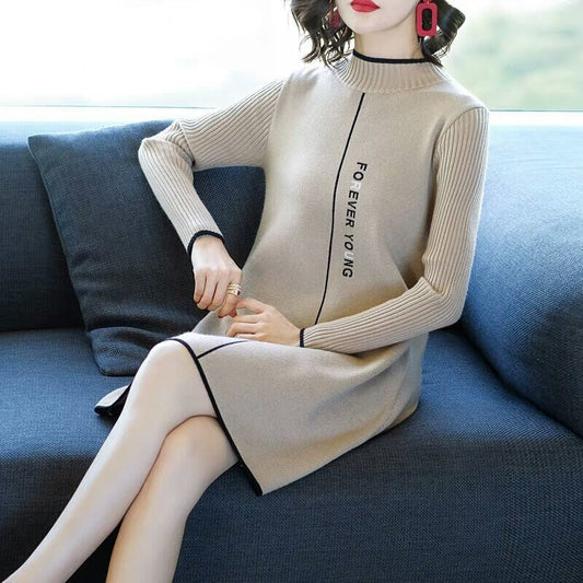 Thicken Turtleneck Sweater Dress Women's Fall/Winter Large Size Loose Letter Printed Pullover Sweater Knit Dress