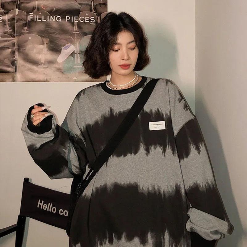 Women's Spring Tie Dye Round Neck Sweater Lazy Striped Ins Jacket Top Ladies Casual Loose Pullover Long Sleeve Shirt Top
