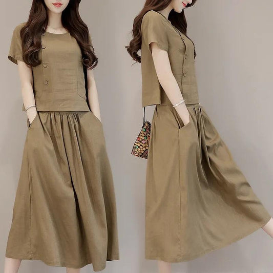 Large Size Summer Cotton Linen Short-sleeved Top+skirt Two-piece Set Solid Color Loose Pleated Skirt Casual Pocket Breathable Skirt Suit