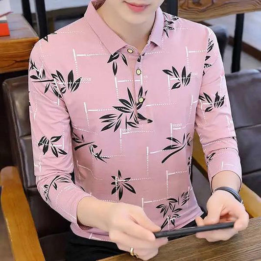 Spring Men's Long-sleeved Floral Printing Polo T-shirt Stitching Color Lapel Shirt Youth Trend Bottoming Shirt Men's Collar Top