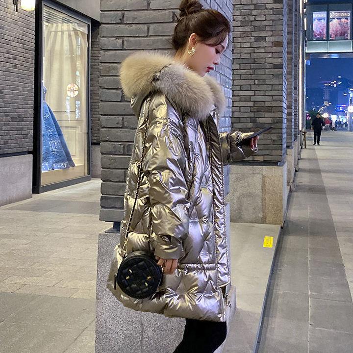 Bright Silver Down Jacket Winter Women's Long Hooded Coat Parka Thick Winter Jacket Women's Coat Oversize
