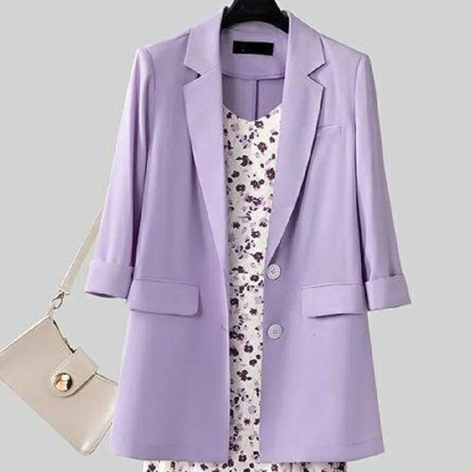 Women's Summer Casual Suit Large Size Blazer + Chiffon Floral Sling Dress Two Piece Ladies French Elegant Dress Suit