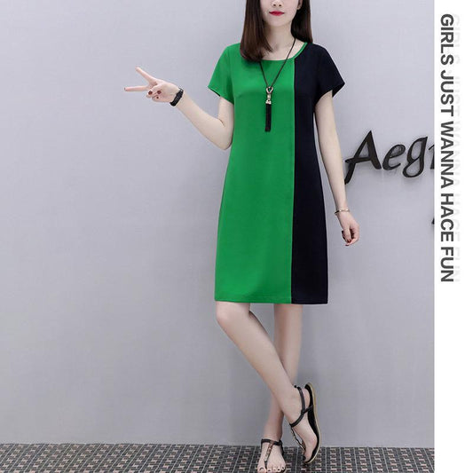 Mid-length Dress Loose and Thin, Covering The Meat Casual Dress Women's Round Neck Short Sleeve Stitching Color Dress Loose and Comfortable