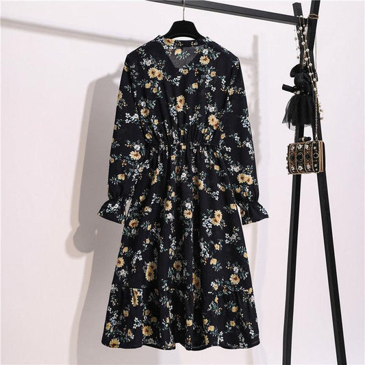 Women Dress Long Sleeve Casual Autumn DressKorean Style Vintage Floral Printed Chiffon Shirt Dress Bow Midi Summer Dress