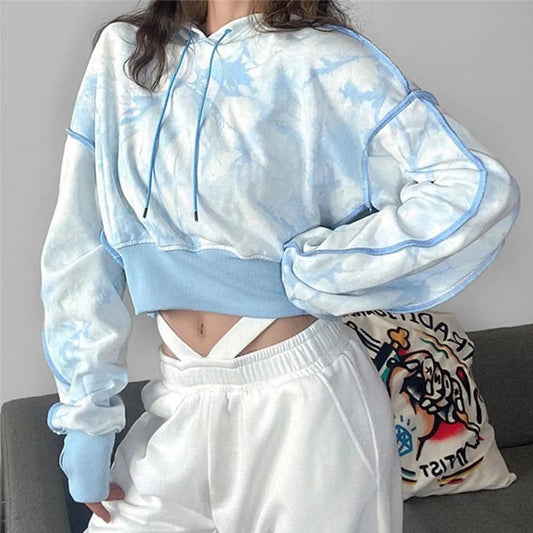 Fashion Cropped Hoodies Tie Dye Streetwear Hip Hop Pullover Sweatshirts Spring Autumn Casual Loose Hooded Sports Shirts