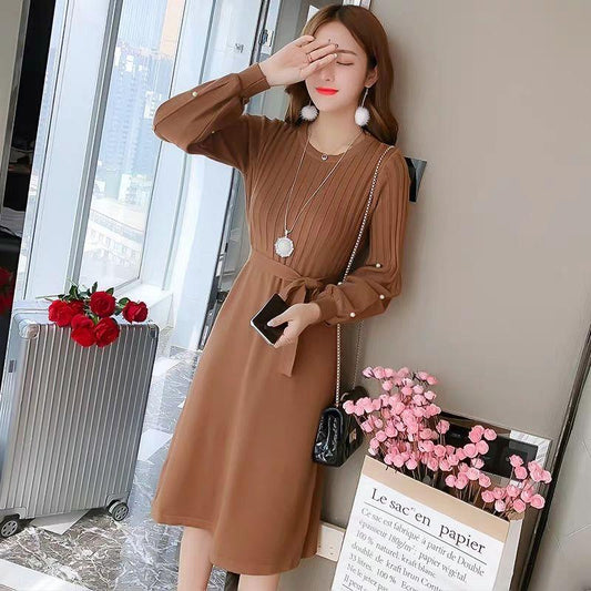 Autumn and Winter Long Solid Color Sweater Knitted Lantern Sleeve Dress Fashion Simple Women Sweater Dress