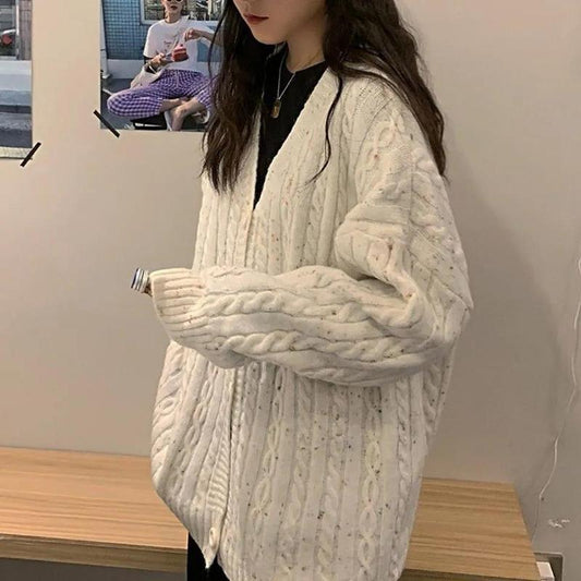 Autumn and Winter Women's Outer Wear Warm Sweater Casual Loose Thick Retro All-match Korean Twist Knitted Cardigan