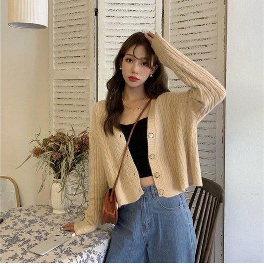 Autumn European and American Style Coat Loose V-neck Knitted Bottoming Shirt Thin Fashion Cardigan Youth Women's Top