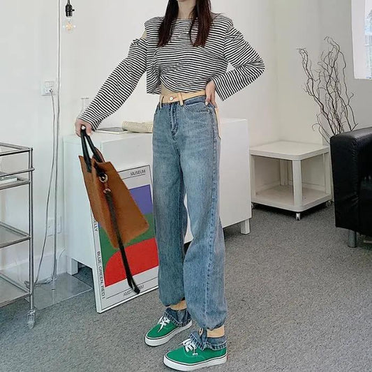 Contrast Color Straight High Waist Jeans Women's Spring 2022 New All-match Loose and Thin Design Wide-leg Pants