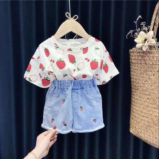 Children's Clothing Girls Summer Two-piece Denim Shorts + Girl Baby Half-sleeved T-shirt Sweet Strawberry Top