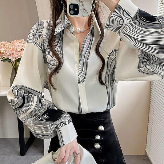 Long-sleeved Casual Tops Large Size Loose Chiffon Shirts Women's Spring and Autumn Lapel Elegant Printed Blouses
