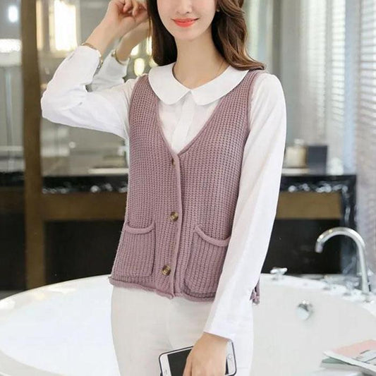 V-neck Waistcoat Fashion Vest Spring and Autumn Loose Knit Cardigan All-match Short Fashion Top